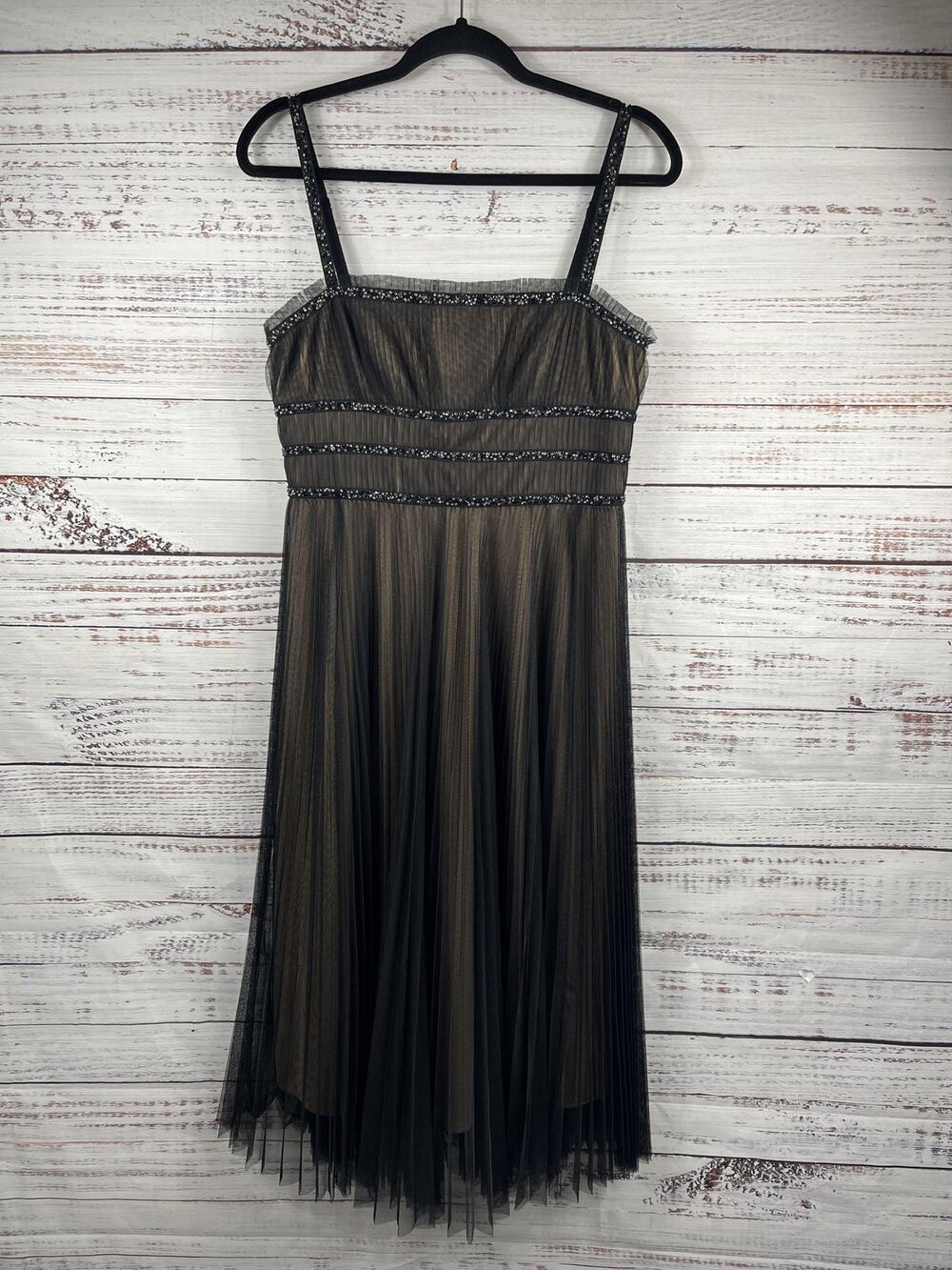 BCBGMAXAZRIA Dress Women's Medium Black Nude Pleated Tulle Beaded Cocktail Midi